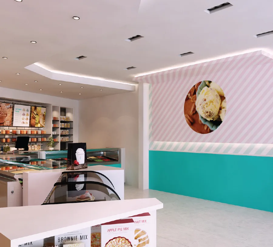 Cone Zone seating beside a pink patterned wall with a turquoise lower panel