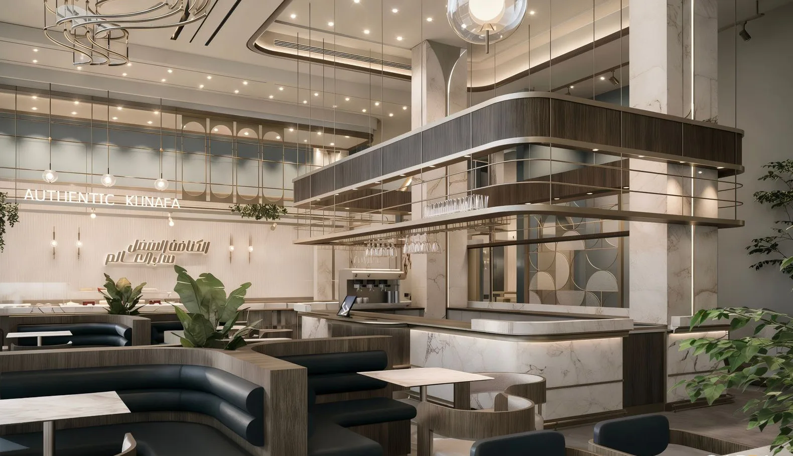 Habiba Sweets — Corridor Abdoun interior rendering with dark banquettes around a glass preparation station