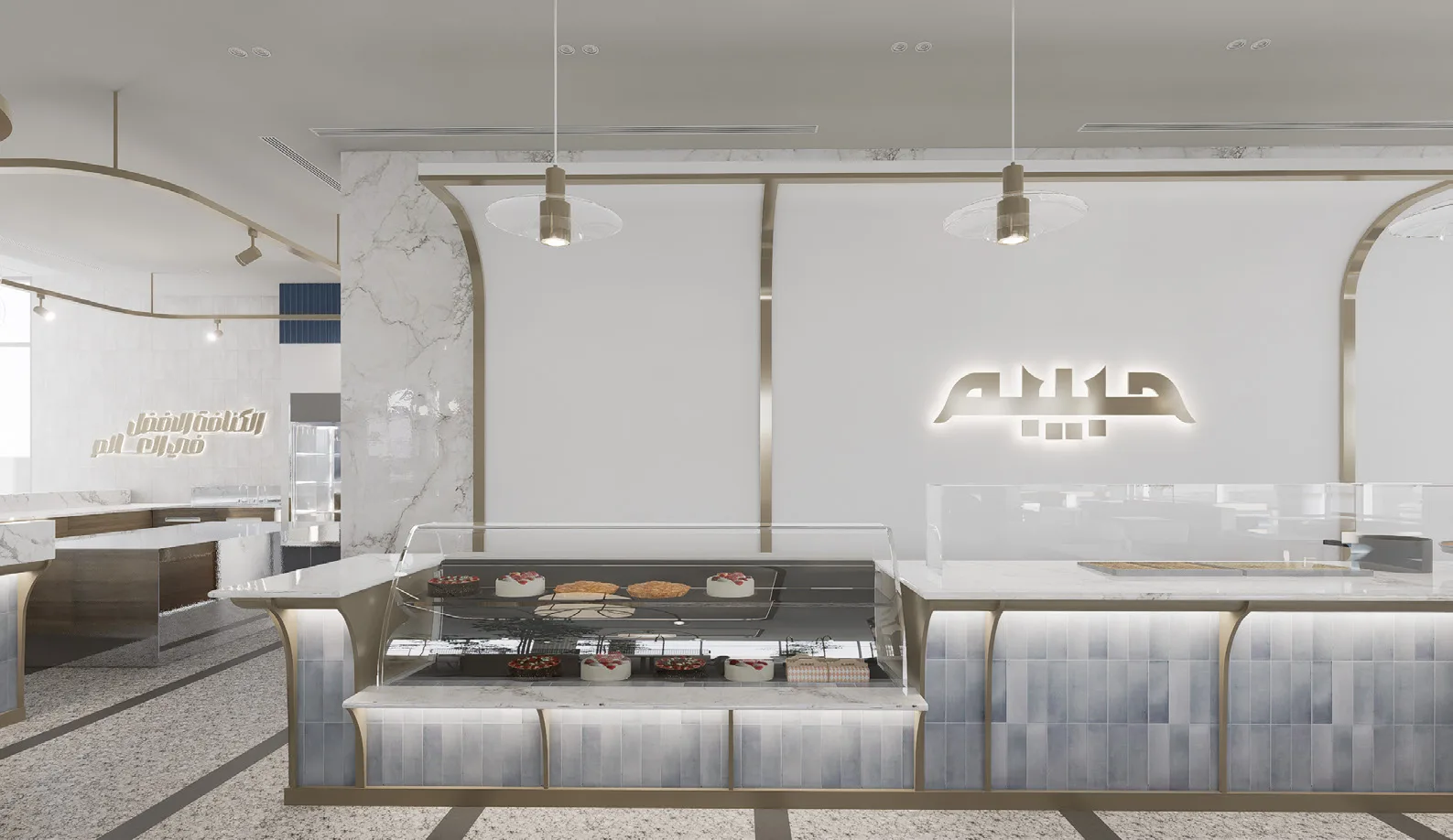 Habiba Sweets Main Branch rendering of a pale stone service counter with illuminated signage