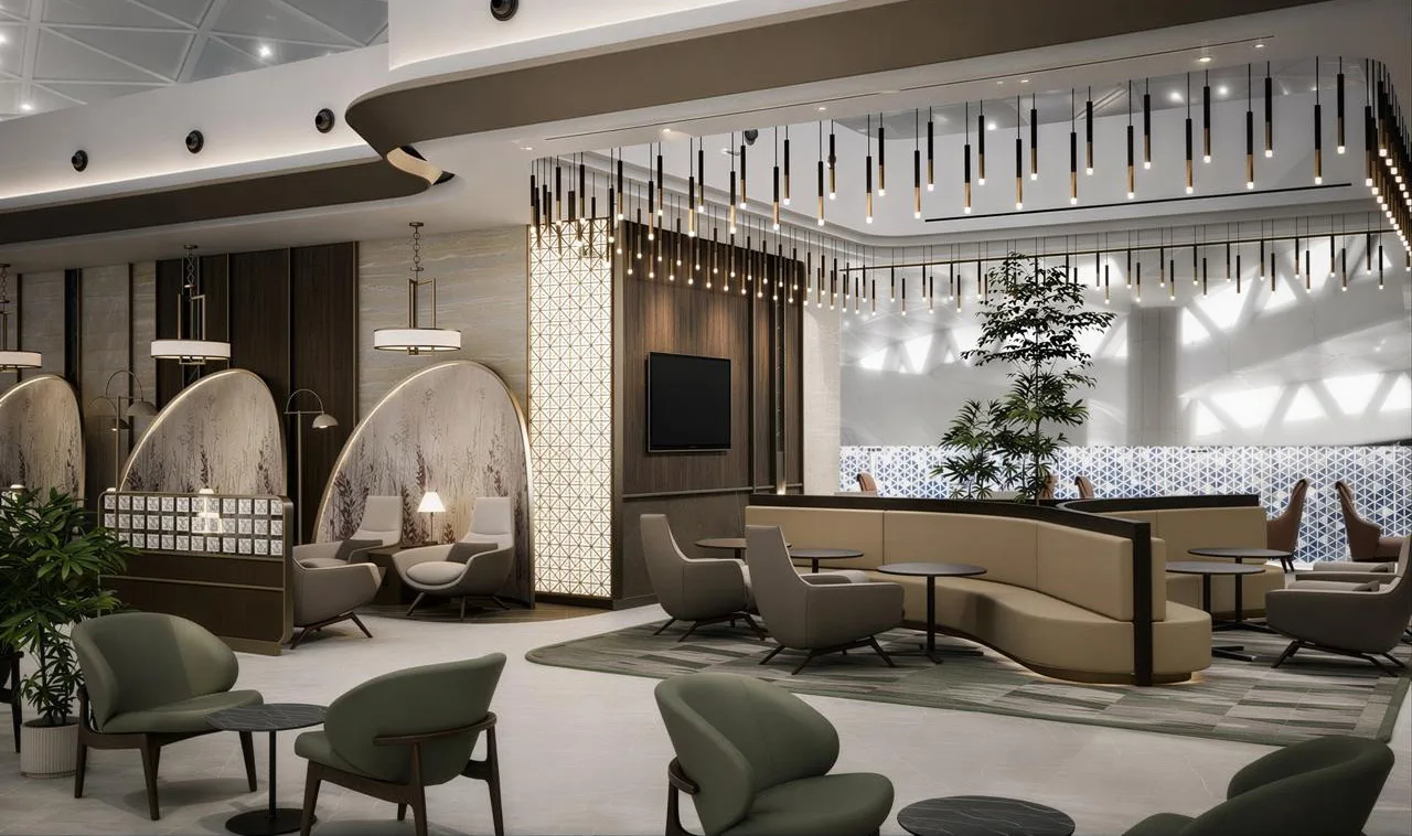 Hayyak VIP Lounge rendering with green armchairs and enclosed pod seats beneath hanging lights