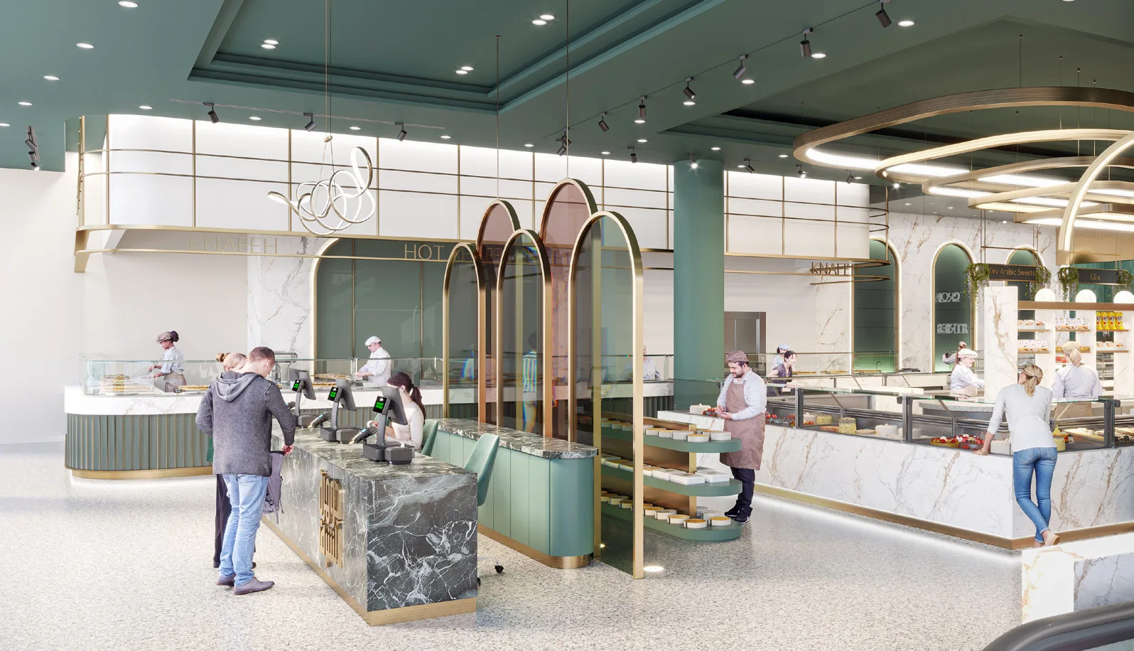 Jawharat Alsharq interior rendering with green columns, arched screens and marble counters