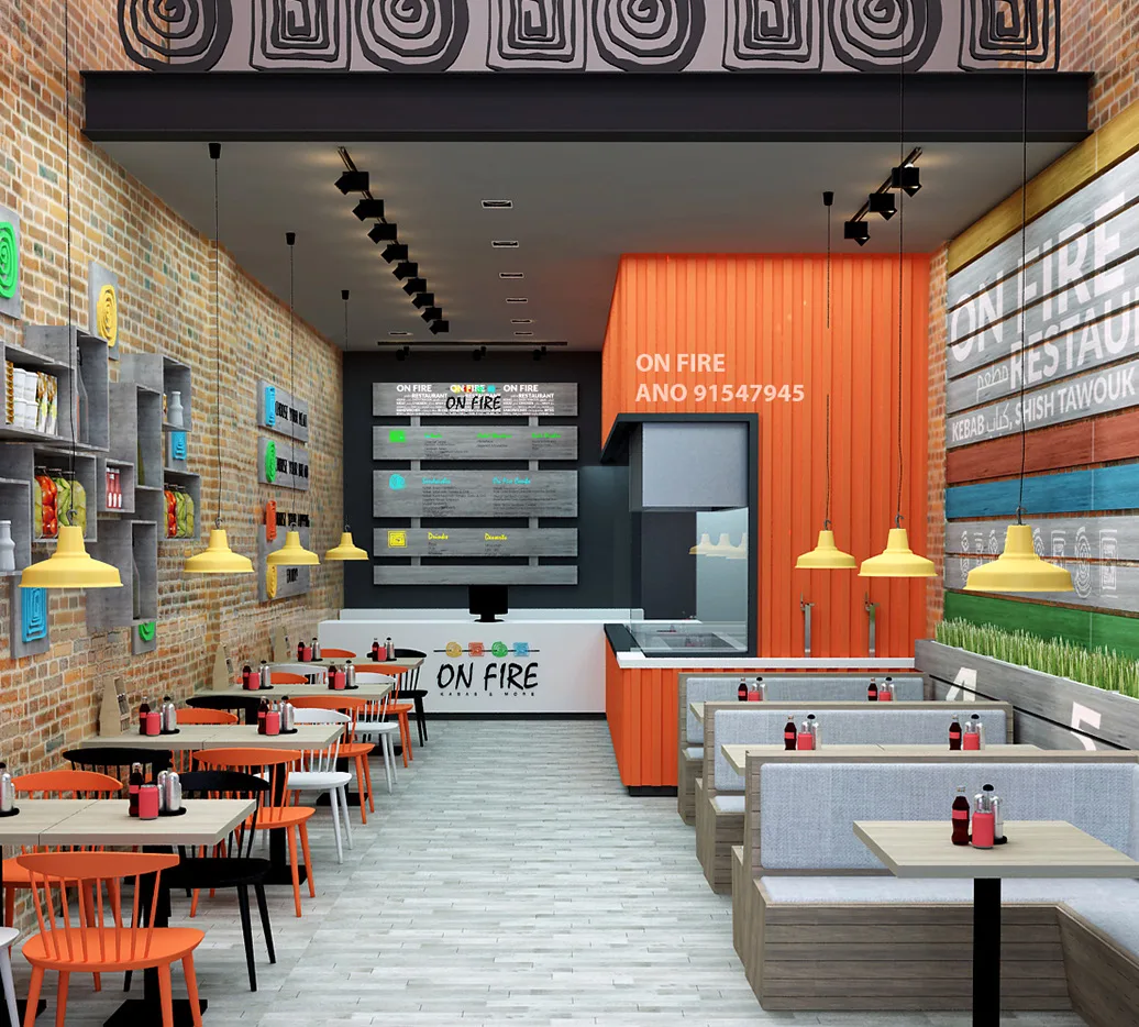 On Fire restaurant rendering with orange stools, grey booths and a double-height orange feature wall