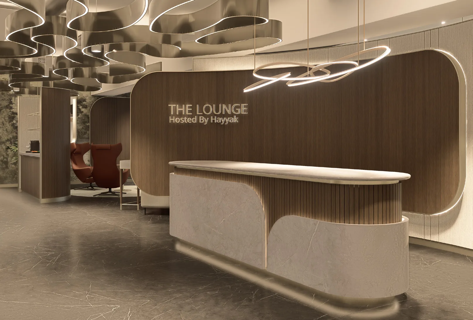The Lounge by Hayyak in NEOM reception rendering with a curved desk and sculptural ring lights