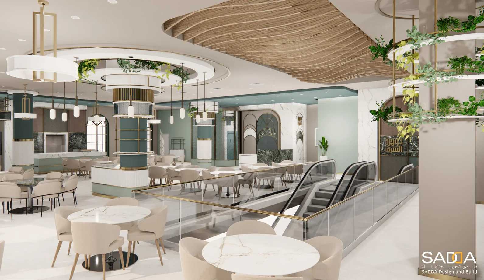 Zara Restaurants & Hall dining-area rendering with round tables and a curved timber ceiling feature
