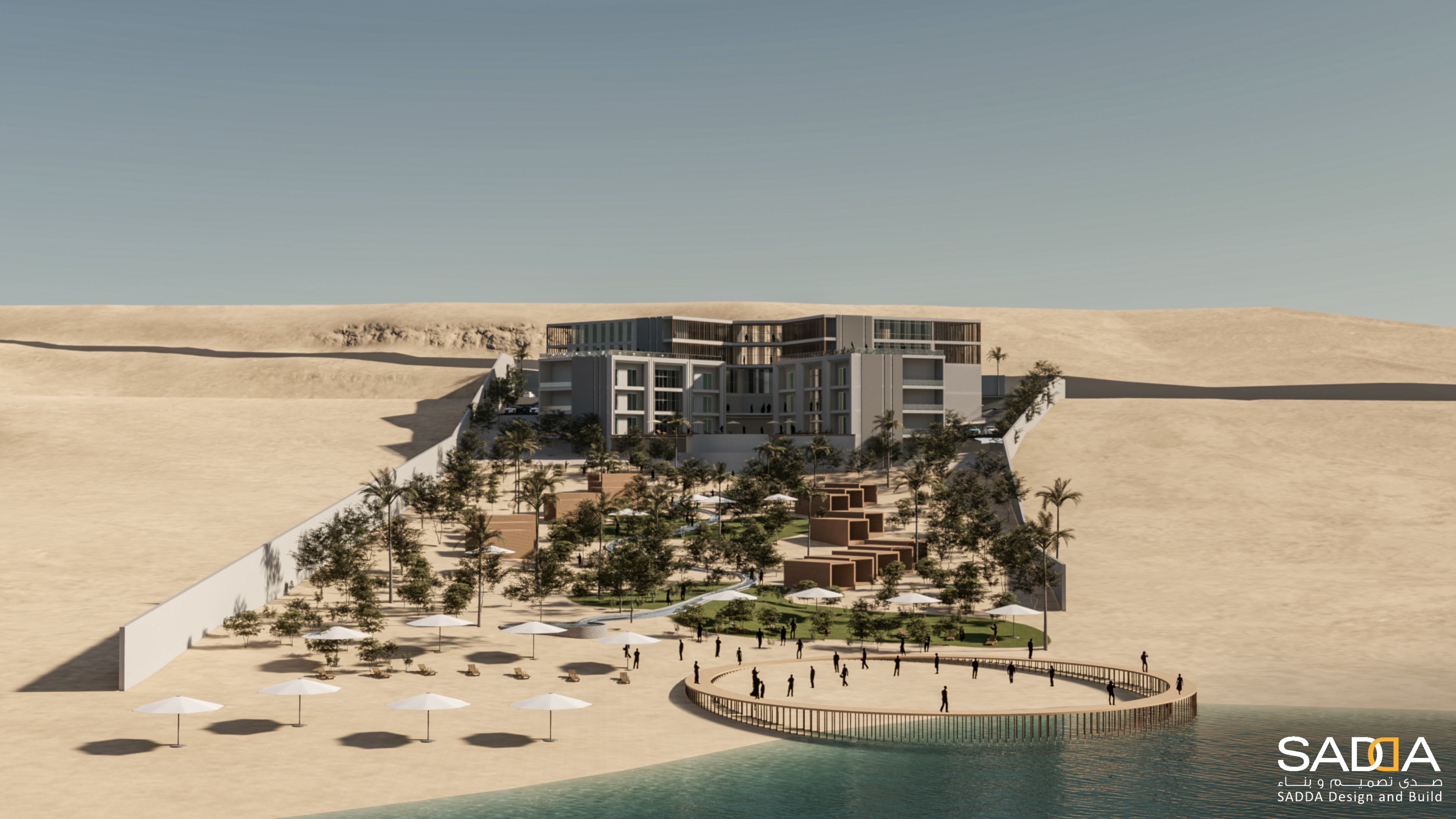 Dead Sea Resort aerial rendering with terraced buildings and pools beside the desert shoreline